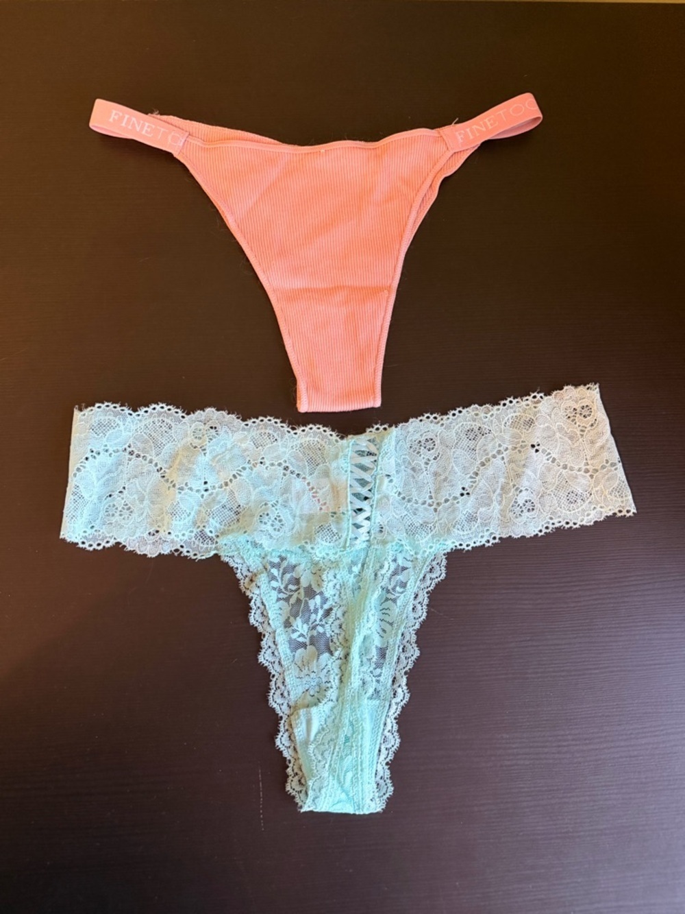 Knotty Knickers  Coral Ribbed Thong & Mint Lace Thong Set